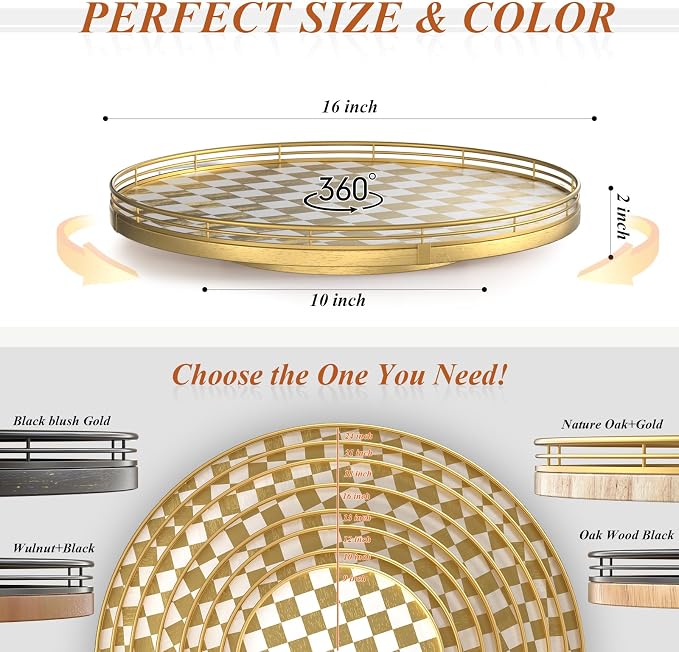 Premium Rubber Wood Lazy Susan Turntable, Glod White Checkerboard Decorative Serving Tray, Hand-Welded Metal Railing, Stable Rotating Organizer for Dining Table, Kitchen Counter, Coffee Table Decor