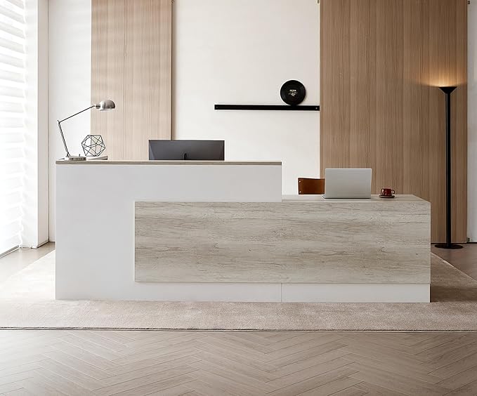 Modern L-Shaped Reception Desk with Counter - 110 Inches Front Desk with Storage Cabinet, Open Shelves, Lockable Drawer & Keyboard Tray for Office, Lobby, Checkout (Oak & Warm White - Right)