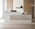 Modern L-Shaped Reception Desk with Counter - 110 Inches Front Desk with Storage Cabinet, Open Shelves, Lockable Drawer & Keyboard Tray for Office, Lobby, Checkout (Oak & Warm White - Right)