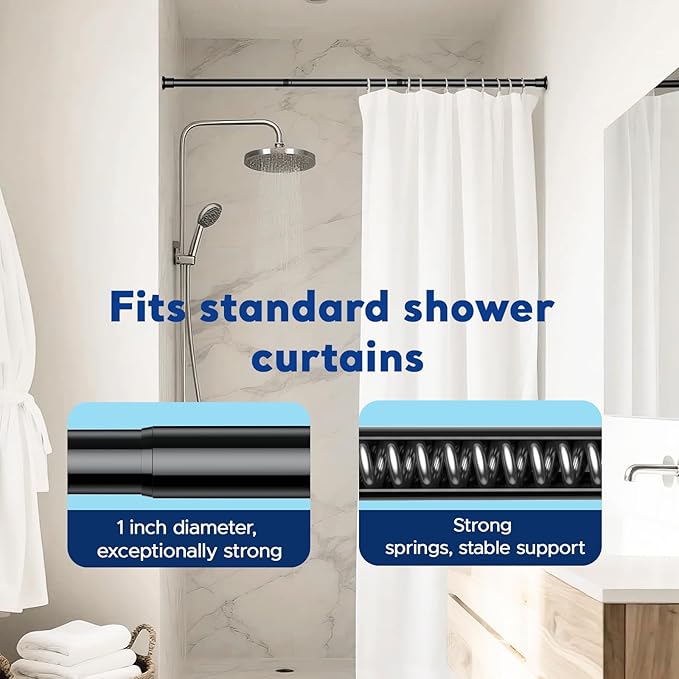 Tension Rods 28 to 72 Inch, 1" Heavy Duty Adjustable Spring Tension Curtain Rod - Non-Slip No Drill Shower Curtain Rod for Bathroom, Window, Closet & Doorway, Black