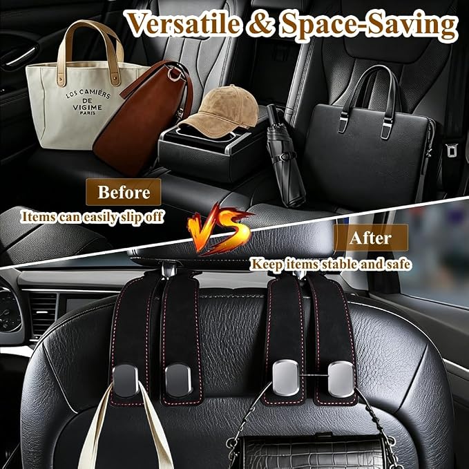 2-Pack Car Hanging Hooks for Car Seat Back & Glove Box, Black | Dual-Use Purses & Bags Hanger for Car With Metal Hooks - Keep Floor & Seats Clutter-Free, Car Interior Organizer Accessories