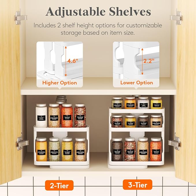 Lifewit Sliding Spice Rack for Cabinets, 6.4"H x 11.1"D x 6.1"W Slide Out Swive Cupboard Spice Organizer with Non-Slip Mat, Adjustable 2-Tier Shelves with Fence, Pull Out Medicine Cabinet Organization