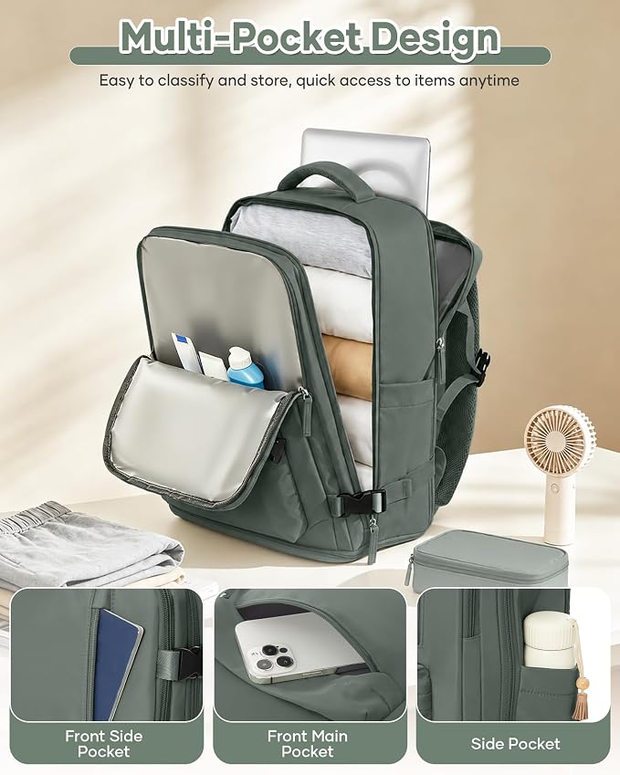 WONHOX Large Travel Backpack Women, Carry On Backpack,Hiking Backpack Waterproof Outdoor Sports Rucksack Casual Daypack with USB Charging Port Shoes Compartment, Dark Green