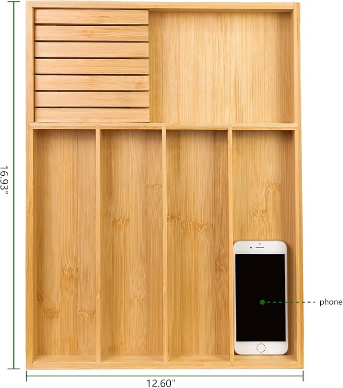 VaeFae Bamboo Silverware Organizer (Non-expandable), Utensil Holder for Drawer, Cutlery Tray with Divider for Kitchen Drawer, Utensil Organizer with Knife Block