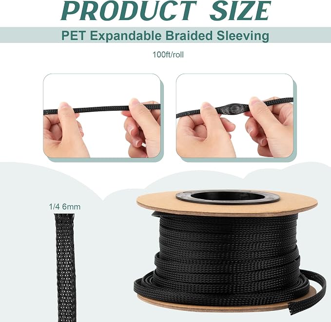 100ft 1/4 Inches Braided Wire Loom Automotive PET Cable Loom | Expandable Braided Cable Sleeving Mesh Wire Loom for TV, Computer, Home Theater, Black