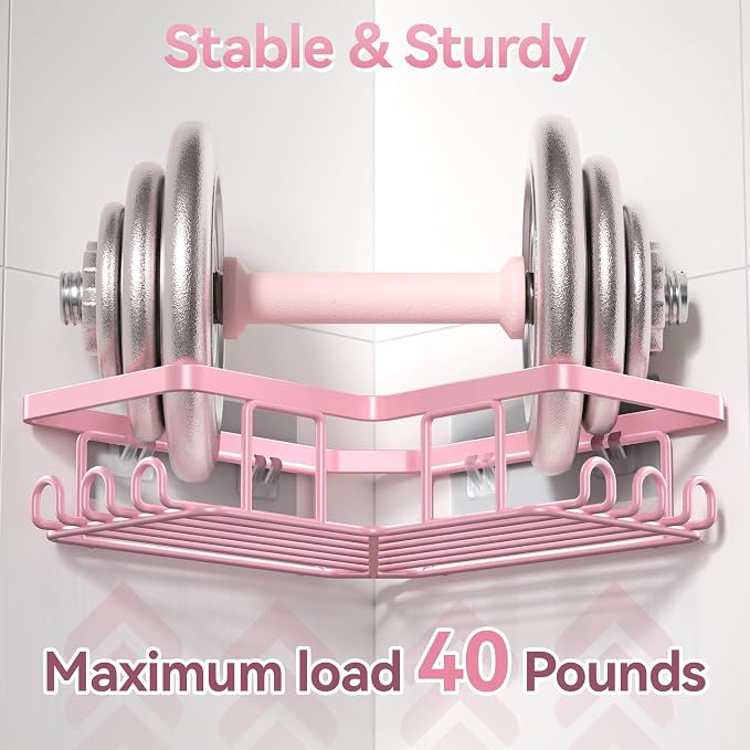 YASONIC Corner Adhesive Shower Caddy, with Soap Holder and 12 Hooks, Rustproof Stainless Steel Bathroom Organizer, No Drilling Wall Mounted Rack, Pink, 3-Pack