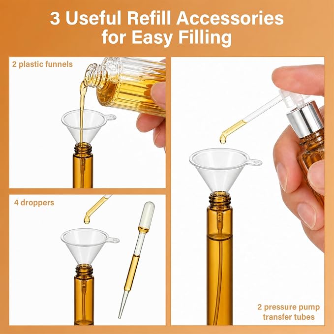 21 Packs Mini Glass Spray Bottles, 10ml Empty Amber Glass Perfume Atomizers | Bulk Refillable Fine Mist Perfume Containers,Travel-size Sample Spray Bottle for Perfume, Essential Oils (Black Caps)