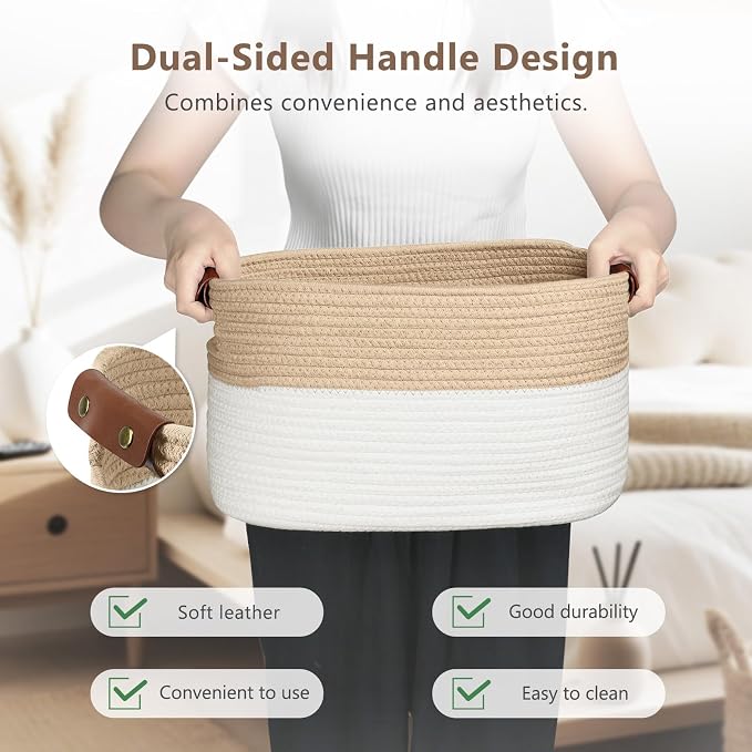 ECDYQXVU 15x10x9 Woven Cotton Rope Storage Basket, Leather Handles 2 Pack | Foldable Design, Sturdy PU Handles, Easy to Clean Organizer for Living Room, Closet, Shelves, Bedroom, Laundry, Clothes