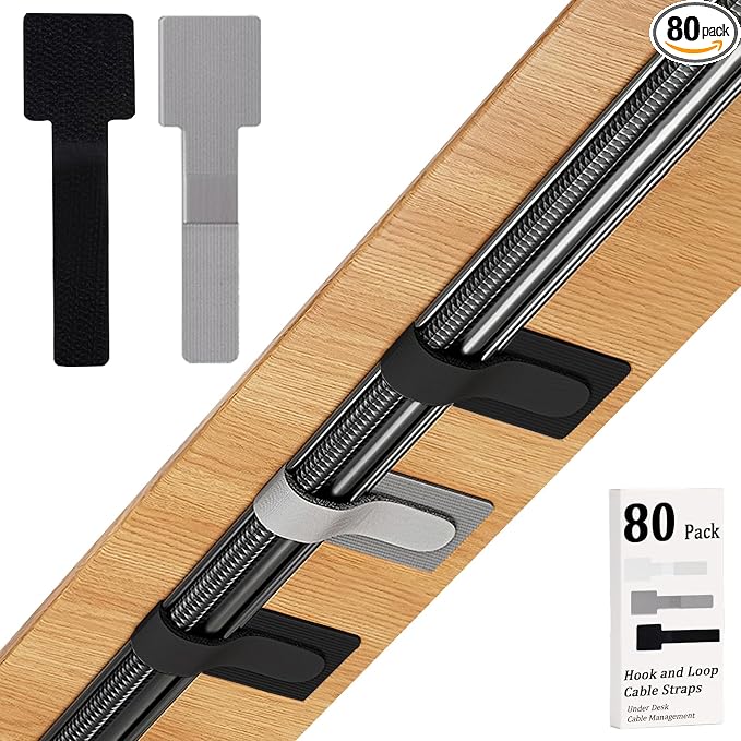 80PCS Hook and Loop Cable Straps, Cable Management Under Desk, Adhesive Cable Tie, Reusable Wire Organizer for Cords, Cord Management, Computer Accessories for Desk, Home Office Essentials, Black+Gray