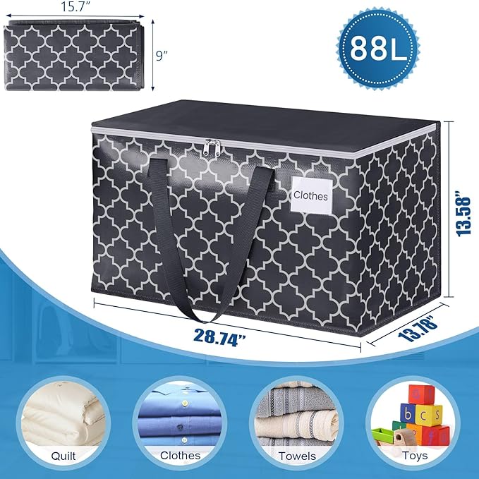 Extra Large Moving Bags, Heavy-Duty Storage Totes with Zipper Top and Sturdy Handles, Moving Supplies for Space Saving and Packing, Collapsible Storage Bags, Black & Gray, 88L, 4-Pack