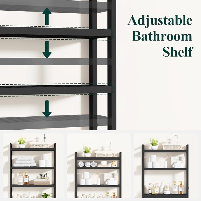 Smiry Over The Toilet Storage Cabinet, 4-Tier Bamboo Bathroom Organizers with Adjustable Shelf & 4 Hooks, Space Saving Shelf Rack for Bathrooms, Laundry Room, Balcony, Black