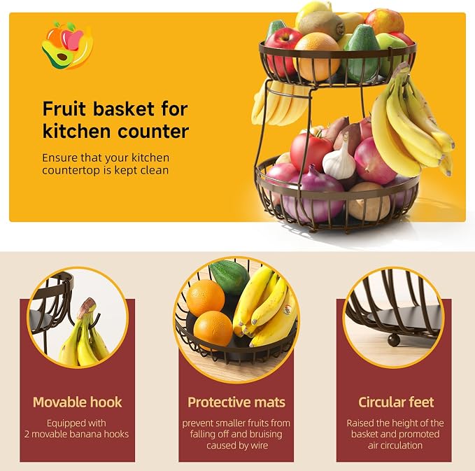 Sevenblue 2 Tier Fruit Basket for Kitchen Counter with 2 Banana Hangers, Metal Stackable Fruit Bowl for Kitchen Counter for Bread Vegetable Fruits, Brown