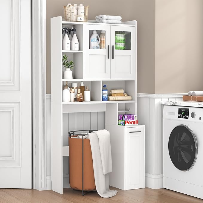 ELYKEN Over The Toilet Storage Cabinet with Pulley Bathroom Storage Cabinet, Home Space-Saving Over Toilet Rack with Glass Doors & Open Adjustable Shelf for Bathroom, Restroom, Laundry, White