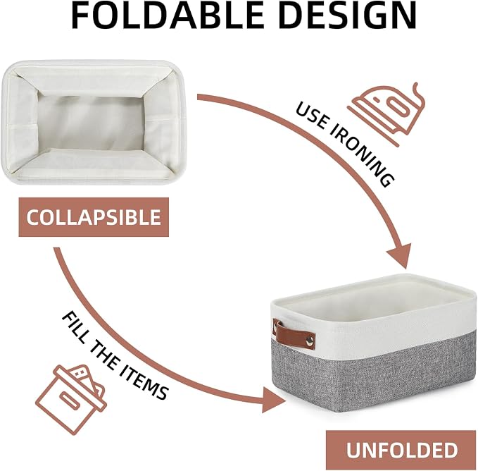 DULLEMELO Storage Baskets for Shelves, Small Fabric Storage Bins with Handles, Decorative Foldable closet storage baskets for organizing shelves(White&Grey, 2 Pack)