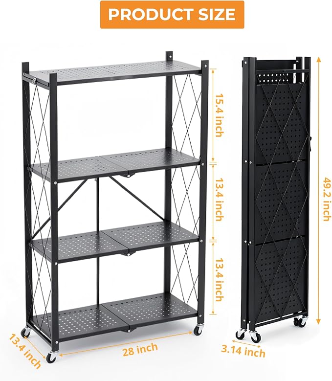 COKIHOM 4 Tier Foldable Storage Shelf, Large Capacity Metal Shelf Rack, Rolling Bookshelf with Wheels, Wire Shelf Organizer for Kitchen, Pantry, Office, Garage, Basement, Black