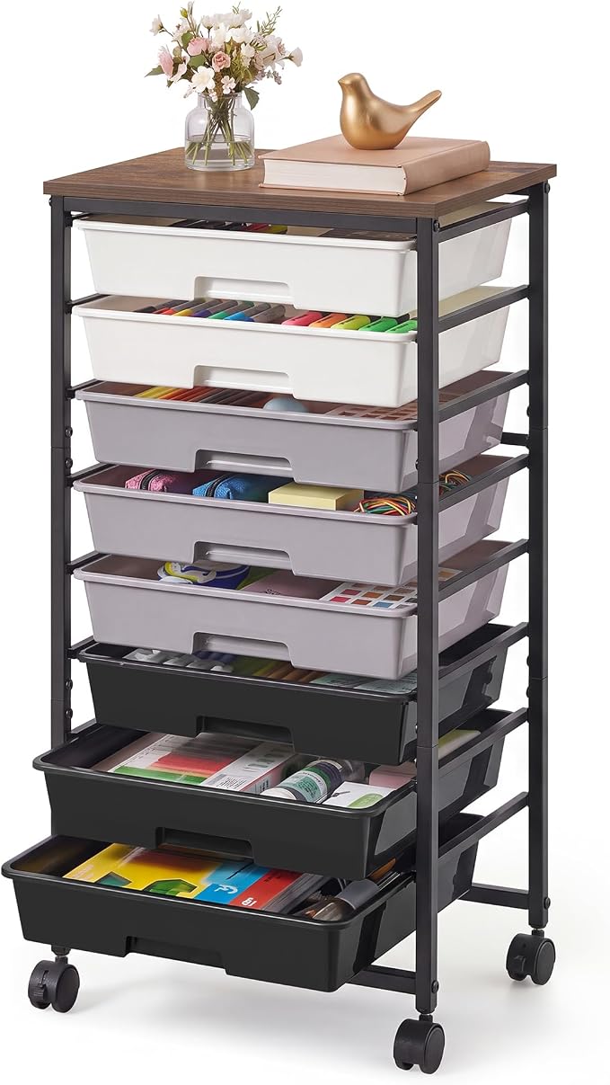 VASAGLE 8-Drawer Rolling Storage Cart, Utility Cart with Wheels and Wood Top, Craft Organizer for Office and Home, 15.6 x 11.2 x 30.1 inch, Black, BENCO Collection ULRC006B101