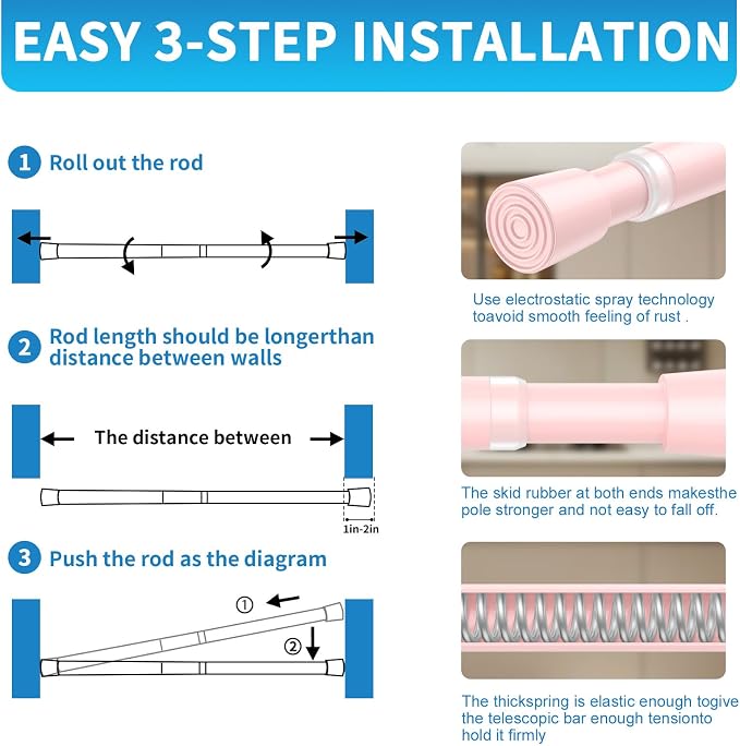AIZESI 2 Pack Tension Curtain Rod for Windows 26.5 to 36 inch, Adjustable Expandable Pressure Spring Curtain Rod No Drilling, Pink Curtain Rod for Bedroom Doorway Closet Door