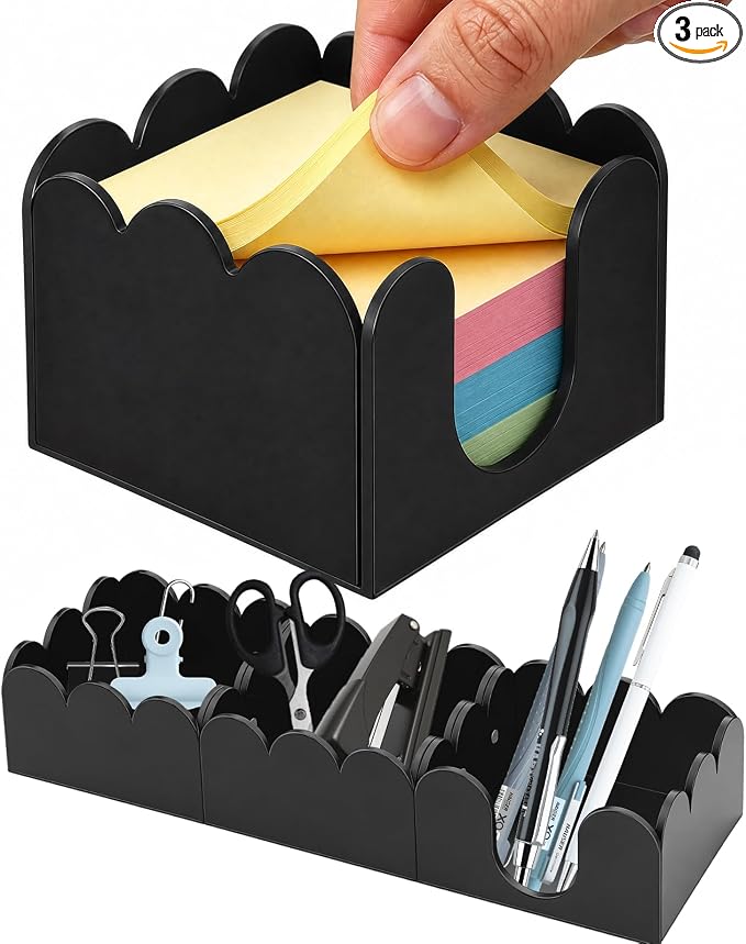 3Pcs Scalloped Acrylic Sticky Note Holder,Black Sticky Notes Dispenser 3x3 Thick Post it Notes Memo Pad Holder Non-Slip Desk Organizer for Office Home School Dorm Desktop