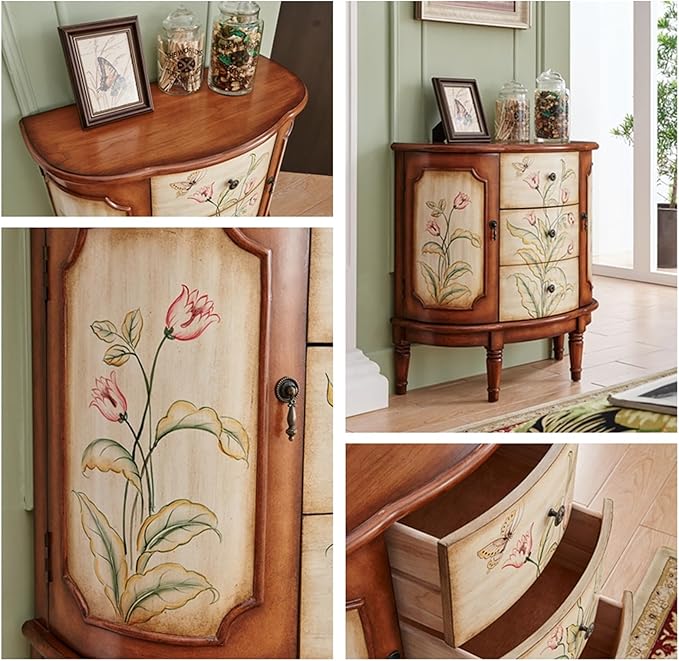Solid Wood Storage Chest Dresser - Storage Cabinet with 3 Drawers 2 Side Doors,Retro Floral Pattern Drawers Jewelry Box Storage for Hallway/Living Room/Bedroom