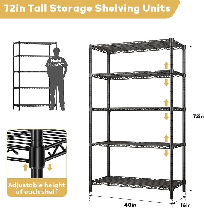 ROOMTEC 5-Tier Adjustable Wire Shelving Unit, 40"x16"x72", 2000 lbs | Heavy Duty Garage Shelf, Tool-free Assembly Metal Shelves, Storage Rack for Garage, Kitchen, Pantry, Laundry, Basement