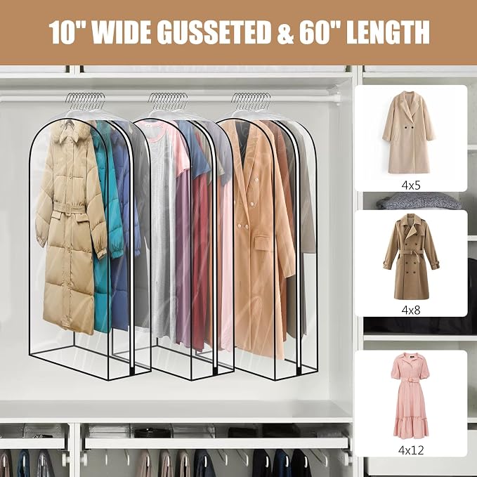 3 Pack 60" All Clear Garment Bags for Hanging Clothes Storage, 10" Gusseted Large Capacity Garment Rack Cover, Large Hanging Clothing Bag for Dress Gowns, Coats, Suit, Down Jacket