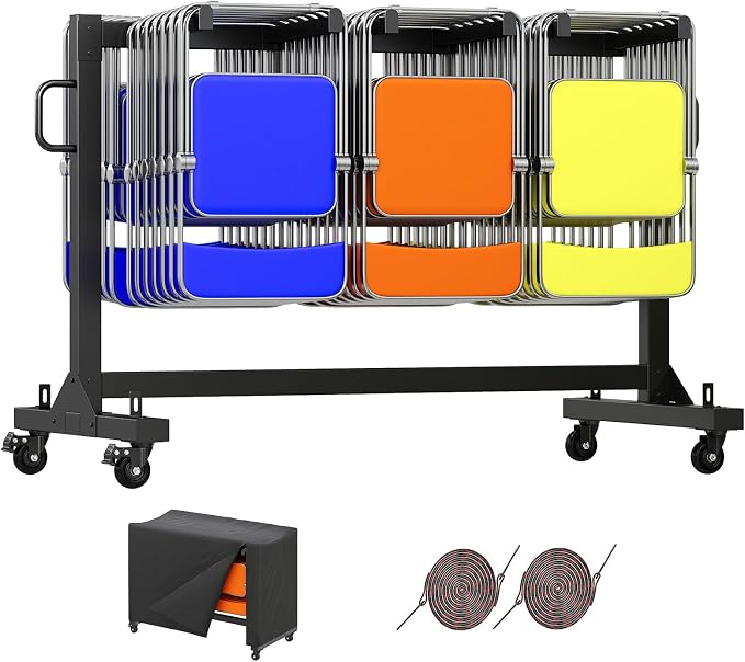 Specraft Folding Chair Rack and Table Cart for 12 Tables or 42 Chairs, 550 lbs Capacity, PU Wheels, Dust Cover, Elastic Cords, Black