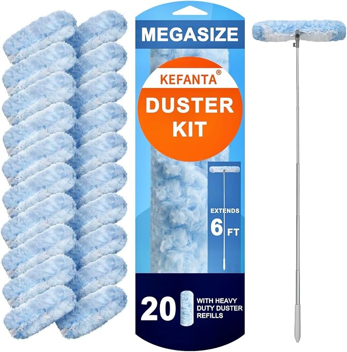 KeFanta Duster Refill Kit with 6 ft Super Extendable Handle, 20Pcs | 6ft Super Extendable Handle, Compatible with Swiffer, 360° Disposable Microfiber Dusting Pads