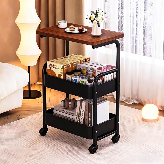 3 Tier Metal Storage Utility Cart with Wooden Top, Rolling Home Organizer | Stable and Sturdy, 2 Lockable Wheels, Multi-Purpose for Snacks, Coffee, Craft, Makeup, Garage, Bedside, Kitchen, Office