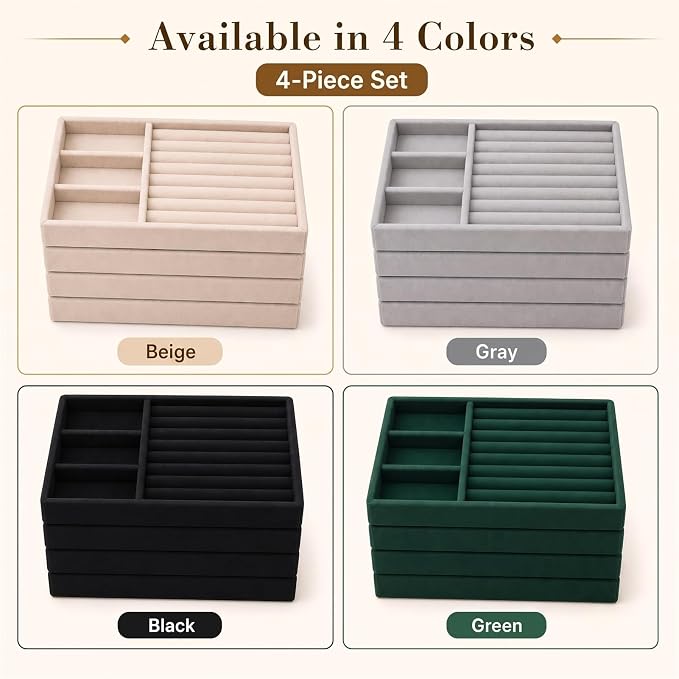 4 Pack Stackable Jewelry Organizer Tray Set - Velvet Display Case | for Rings Earrings Necklaces, for Drawer Organization, Can Stacked