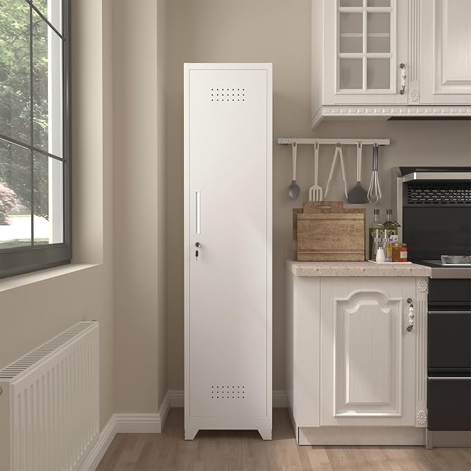 Slim Broom Storage Cabinets, Metal Cabinet with Shelves and Hanging Rod, 15.75" W Utility Storage Cabinet with Locking Door, Slim Cabinet for Small Spaces, Kitchen, Pantry, Office, Shop