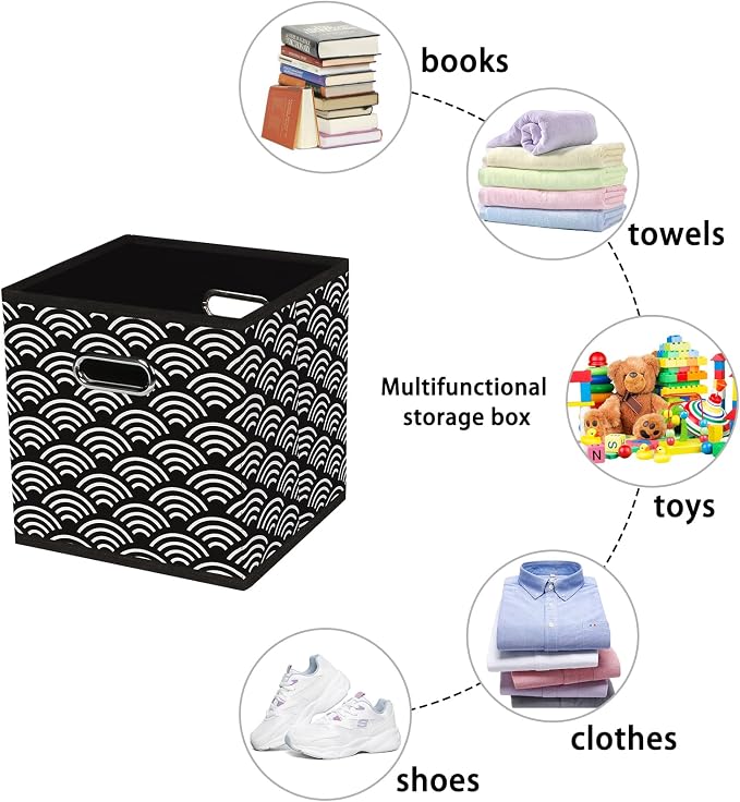 Fabric storage bins Cubes, Fabric Cube Organizer with Handle, Foldable Cube Bins for Cloth or Accessary Storage, 11x11x11, Set of 3, (Black clouds)