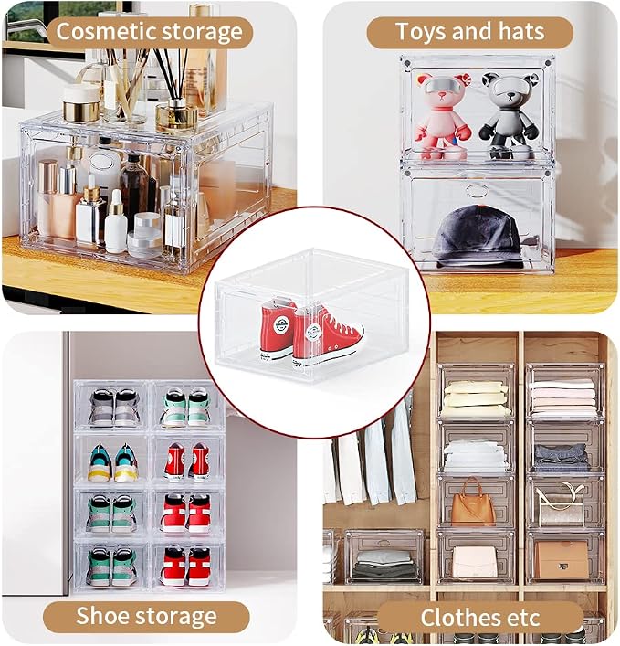 12 Pack Clear Shoe Boxes Stackable for Closet, Drop Front Large Plastic Shoe Containers