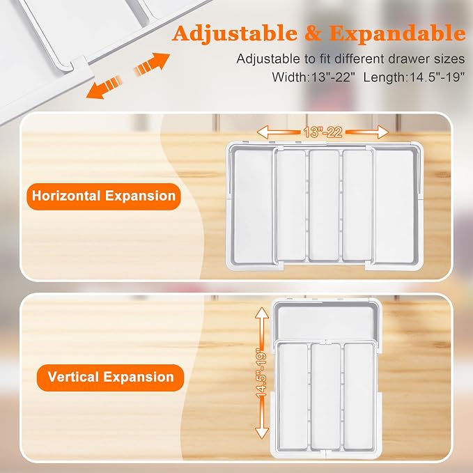 Spaclear Large Utensil Drawer Organizer Expandable Silverware Organizer for Kitchen Drawer Adjustable Cooking Utensil Holder Cutlery Flatware Tray Spatula Tools Gadgets Storage Dividers Plastic White