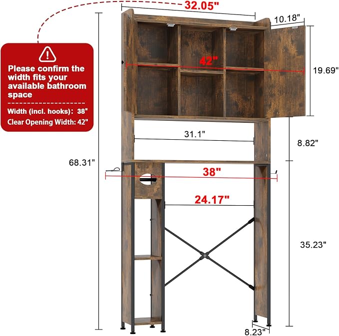 EasyCom Over The Toilet Storage Cabinet with Metal Frame and 7 Storage Shelves, Bathroom Organizer with Adjustable Shelves and Paper Holder, Farmhouse Storage Cabinet for Bathroom,Laundry,Rustic Brown