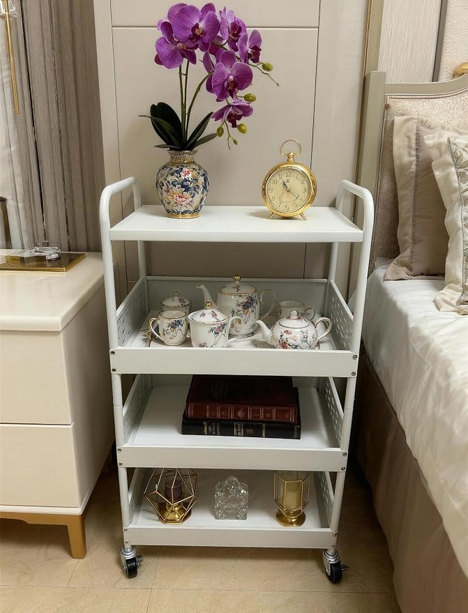 Stable 4 Tier Rolling Metal Storage Organizer, Heavy Duty Kitchen Rolling Cart, Metal Top Vegetable Storage Cart with Wheels for Kitchen Pantry Utility Use (White)