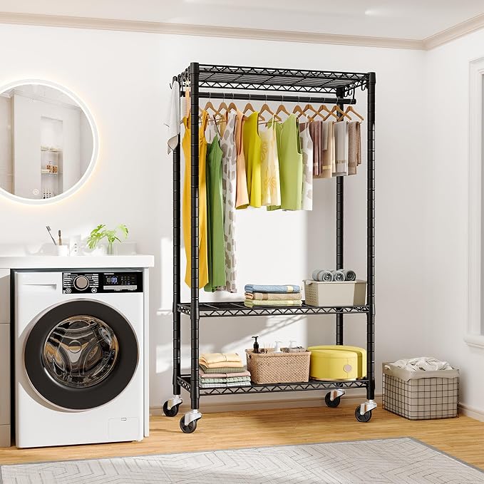 FUTASSI P3 Rolling Clothes Rack, Clothing Racks for Hanging Clothes, Heavy Duty Garment Rack with Wheels, Freestanding Portable Closet Racks 39.4'' W x 14'' D x 78.5'' H, Max Load 470 LBS, Black