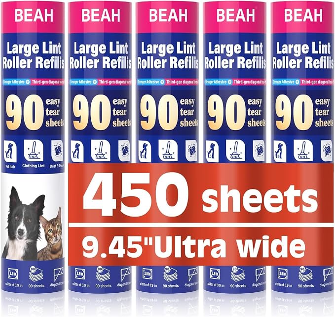BEAH Large Lint Roller for Pet Hair Extra Sticky,9.45''Pet Hair Removal Tool Roller for Pet Dog Cat Hair (5 Long Rolls)