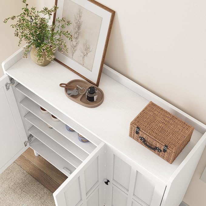 5+2 Tier Shoe Storage Cabinet with 3 Doors, 40" Tall Entryway Cabinet for 30 Pairs Shoe, Shoe Rack Organizer with 5 Adjustable Shelves & Metal Legs, Shoe Storage for Front Door Entrance, White