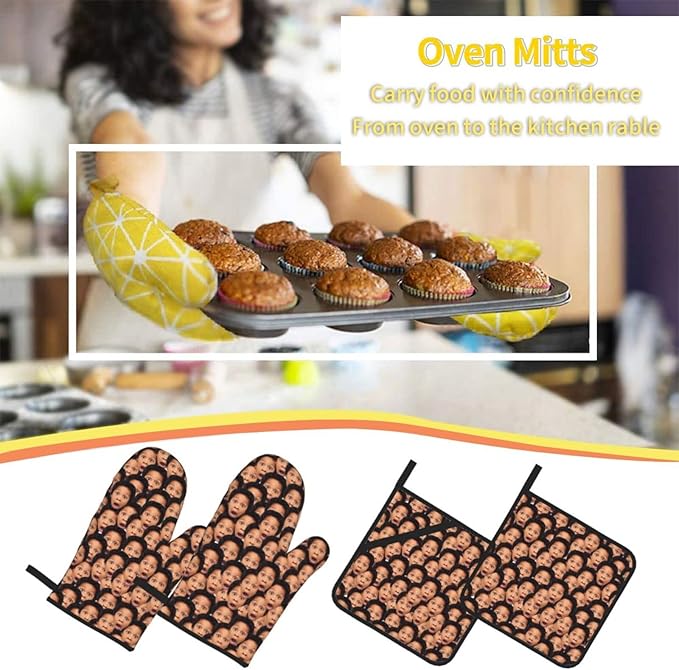 Custom Oven Mitts and Pot Holders Personalized with Your Face, Baking Gifts for Women for Kitchen Cooking, BBQ, Grillin-Style1, 2 Oven Mitts+ 2 Pot Holders