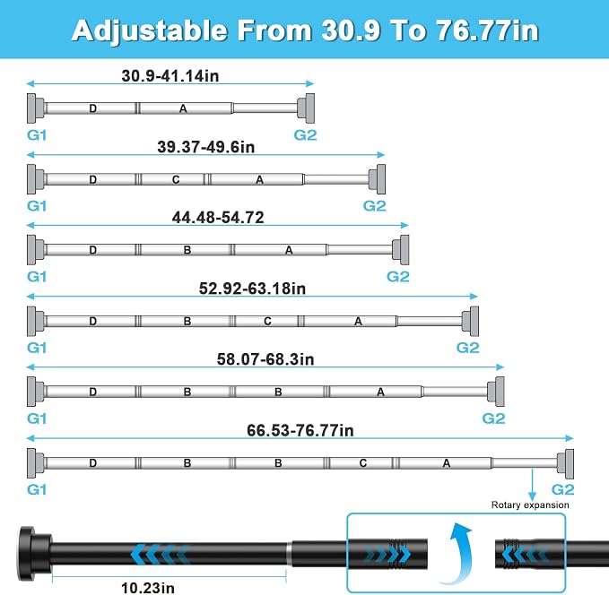 Tension Curtain Rod 30 To 76 Inch Black Tension Rods Adjustable Spring Loaded Curtains Rods 7/8" Curtain Rods No Drilling Tension Rods For Windows Bedroom Closet Doorway Door 2pcs