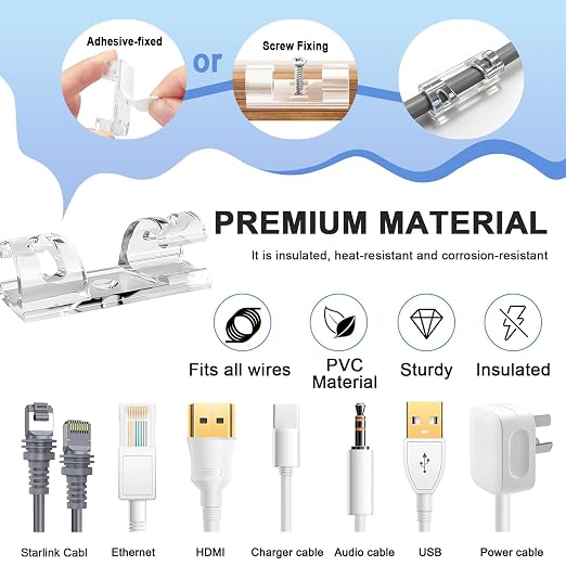 Adhesive Cable Wire Clips Clear (20 PCS) with Screw Holes - Strong Sticky or Screw-Mountable Cord Holders for Wall, Under Desk, Car, PC & Ethernet Cords, Indoor/Outdoor Christmas Lights Organizer