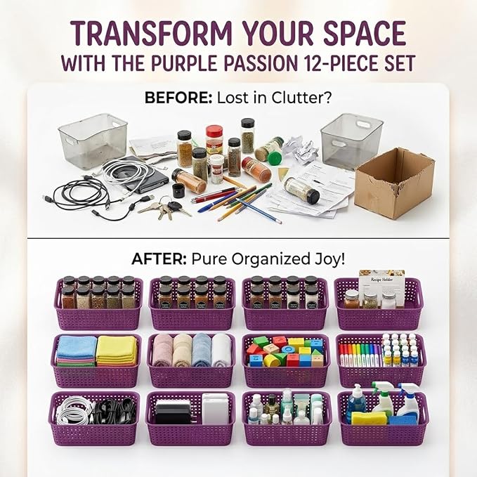 Dark Purple Organizing Baskets, Stackable Pantry Organizers and Basket Set of 12, Plastic Storage Baskets for Shelves, Classrooms, Kitchens, Laundry Room, Bathrooms and Bedrooms