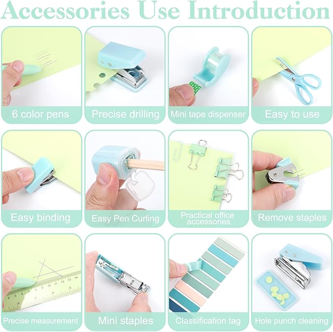 Mini Office Supplies, Turquoise Green School Supplies with Sticky Notes,Mini Stapler,Tape Dispenser,Hole Punch,Staple Remover,Staples,Clips,Scissor,Pen (Green)