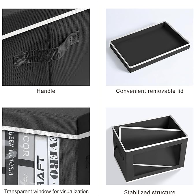Homsorout Storage Boxes with Lids - 4 Pack Fabric Clear Window Storage Bins, Large Decorative Storage Bins with Handles, Linen Closet Organizer for Clothes, Towel, Blanket, Black