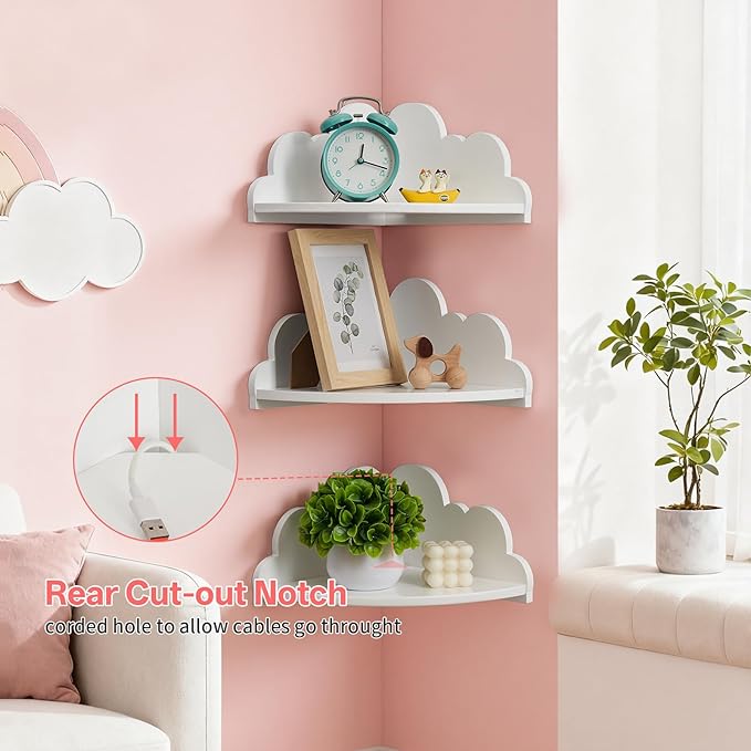 Cloud Corner Floating Shelves Set 3 Wall Mounted for Kid's Room | White Corner Wall Shelf Floating Wooden Wall Mounted Shelves Clouds Dispaly Shelf for Kid’s Room,Toys, Plants & Storage