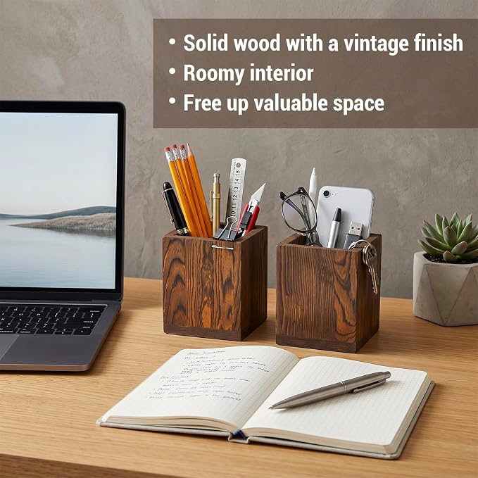 MyGift Set of 2 Natural Grain Wood Desktop Pen Holder Pencil Holder Cup, Office Dorm Home Desk Supplies Organizer
