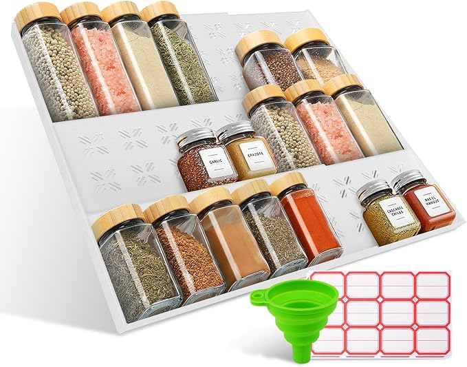 Adjustable 3-Tier Drawer Spice Organizer – Thick Plastic, Non-Slip, Fits 11"-22" Kitchen Drawers, Includes Labels & Funnel (No Jars)