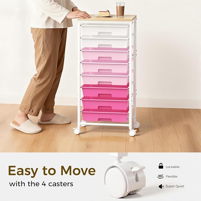 Rolling Cart with 8 Drawers, Plastic Drawer Storage Carts with Wheels & Wooden Tabletop, Metal Utility Cart Organizer for Bedroom Living Room Office Classroom Craft Organization and Storage, Pink