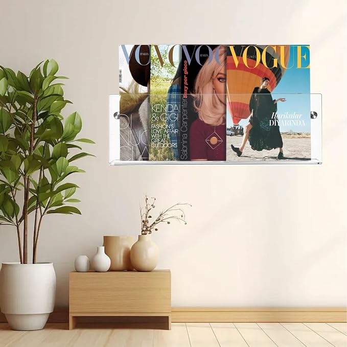 2-Pack Clear Acrylic Magazine Holder Brochure Holder,17 Inch Hanging Magazine Rack with Hardware, Floating Bookshelf Brochure Display Organizer for Home, Office, Reception Area