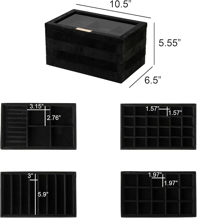 Frebeauty Stackable Jewelry Trays,Set of 4 Jewelry Organizer for Drawer | Glass Lid,Removable Dividers,Real Stackable Design,Velvet Material,Drawer Inserts,Jewelry Box for Earring Rings and Necklace